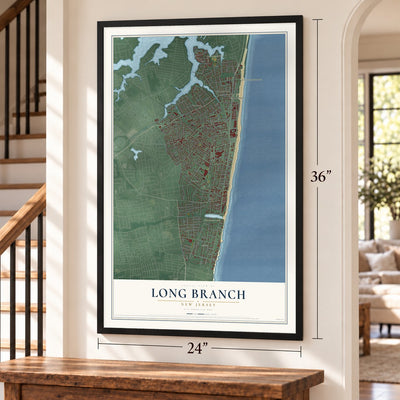 Long Branch, New Jersey map, 24 x 36 inch print in a black frame by a staircase