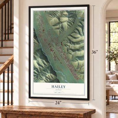 Hailey, Idaho map, 24 x 36 inch print in a black frame by a staircase