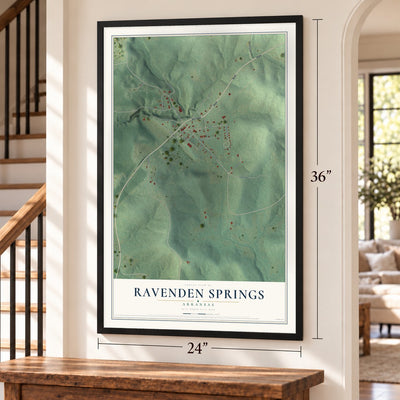 Ravenden Springs, Arkansas map, 24 x 36 inch print in a black frame by a staircase