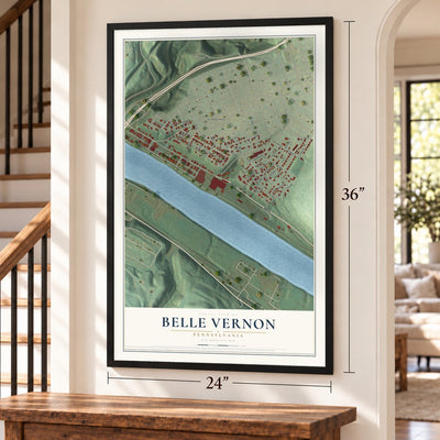 Belle Vernon, Pennsylvania map, 24 x 36 inch print in a black frame by a staircase