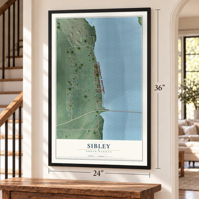 Sibley, North Dakota map, 24 x 36 inch print in a black frame by a staircase