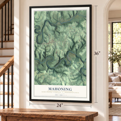 Mahoning, Armstrong County, Pennsylvania map, 24 x 36 inch print in a black frame by a staircase