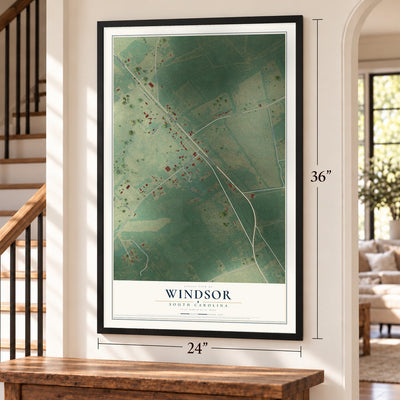 Windsor, South Carolina map, 24 x 36 inch print in a black frame by a staircase