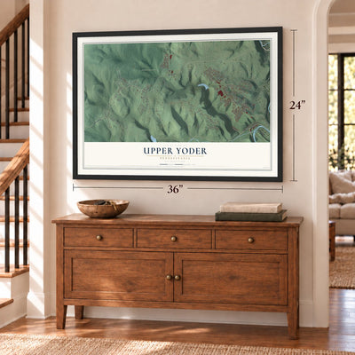 Upper Yoder, Pennsylvania map, 24 x 36 inch print in a black frame above a dresser by a staircase