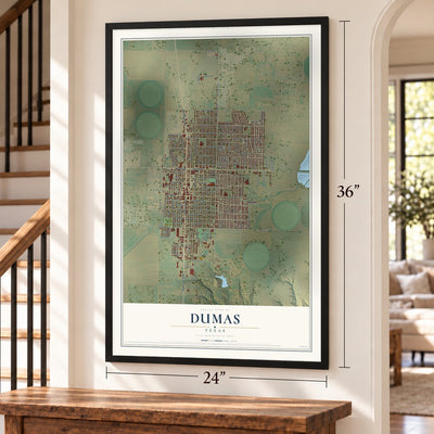 Dumas, Texas map, 24 x 36 inch print in a black frame by a staircase
