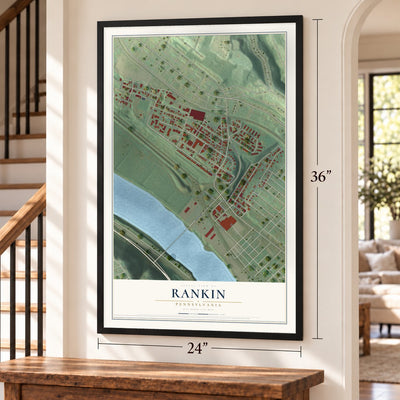 Rankin, Pennsylvania map, 24 x 36 inch print in a black frame by a staircase