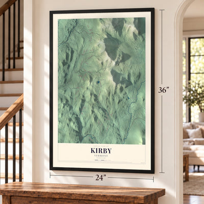 Kirby, Vermont map, 24 x 36 inch print in a black frame by a staircase