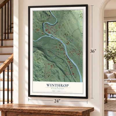 Winthrop, Washington map, 24 x 36 inch print in a black frame by a staircase
