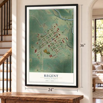 Regent, North Dakota map, 24 x 36 inch print in a black frame by a staircase
