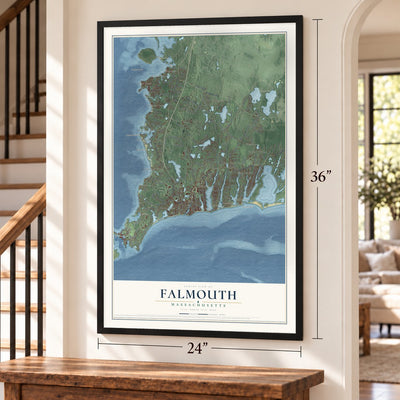 Falmouth, Massachusetts map, 24 x 36 inch print in a black frame by a staircase
