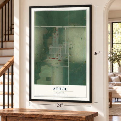 Athol, Kansas map, 24 x 36 inch print in a black frame by a staircase
