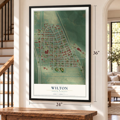 Wilton, North Dakota map, 24 x 36 inch print in a black frame by a staircase