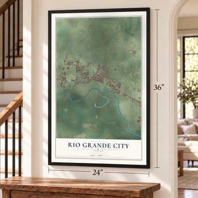 Rio Grande City, Texas map, 24 x 36 inch print in a black frame by a staircase