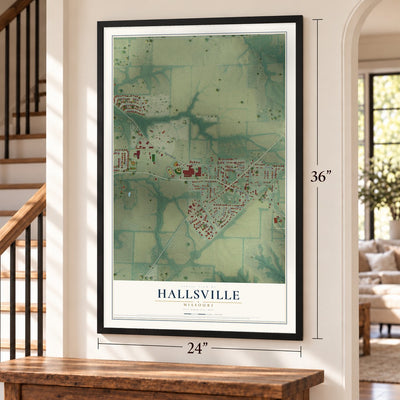 Hallsville, Missouri map, 24 x 36 inch print in a black frame by a staircase