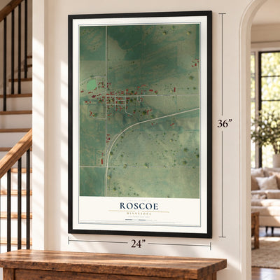 Roscoe, Minnesota map, 24 x 36 inch print in a black frame by a staircase