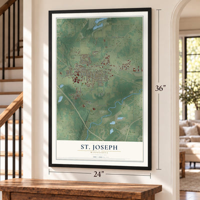 St. Joseph, Minnesota map, 24 x 36 inch print in a black frame by a staircase
