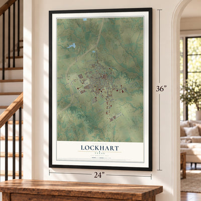 Lockhart, Texas map, 24 x 36 inch print in a black frame by a staircase