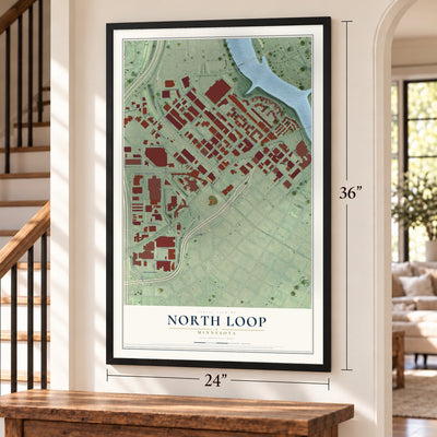 North Loop, Minnesota map, 24 x 36 inch print in a black frame by a staircase