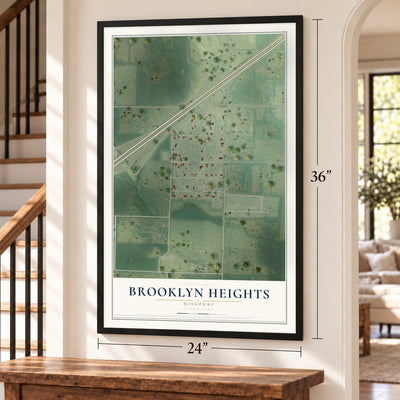 Brooklyn Heights, Missouri map, 24 x 36 inch print in a black frame by a staircase