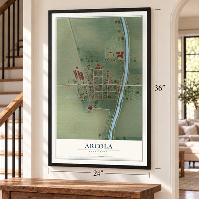 Arcola, Mississippi map, 24 x 36 inch print in a black frame by a staircase