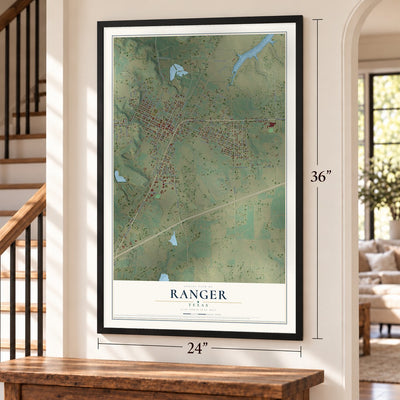 Ranger, Texas map, 24 x 36 inch print in a black frame by a staircase