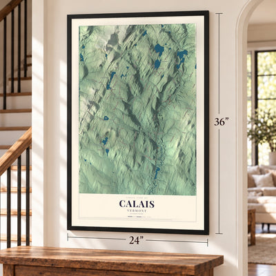 Calais, Vermont map, 24 x 36 inch print in a black frame by a staircase