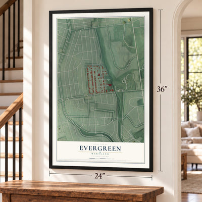 Evergreen, Maryland map, 24 x 36 inch print in a black frame by a staircase