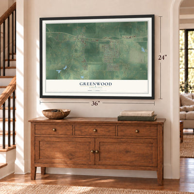 Greenwood, Louisiana map, 24 x 36 inch print in a black frame above a dresser by a staircase