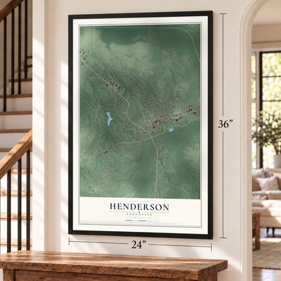 Henderson, Tennessee map, 24 x 36 inch print in a black frame by a staircase