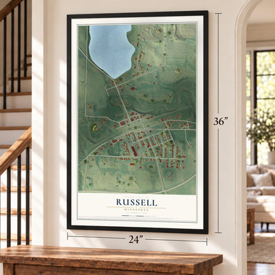 Russell, Minnesota map, 24 x 36 inch print in a black frame by a staircase