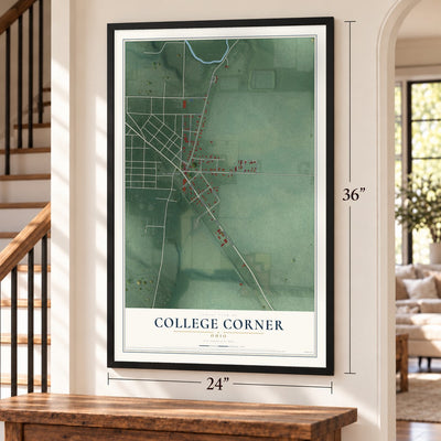 College Corner, Ohio map, 24 x 36 inch print in a black frame by a staircase