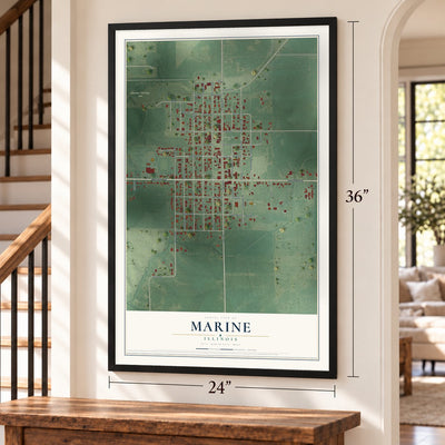 Marine, Illinois map, 24 x 36 inch print in a black frame by a staircase