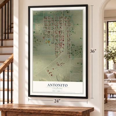 Antonito, Colorado map, 24 x 36 inch print in a black frame by a staircase