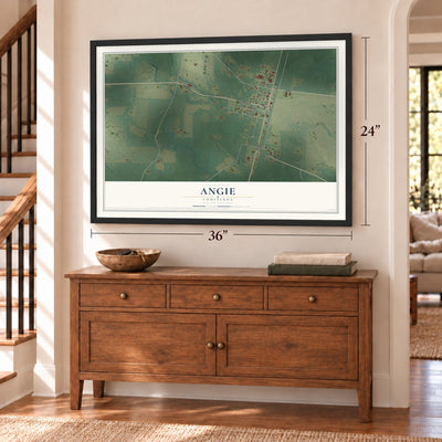 Angie, Louisiana map, 24 x 36 inch print in a black frame above a dresser by a staircase
