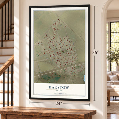 Barstow, Texas map, 24 x 36 inch print in a black frame by a staircase