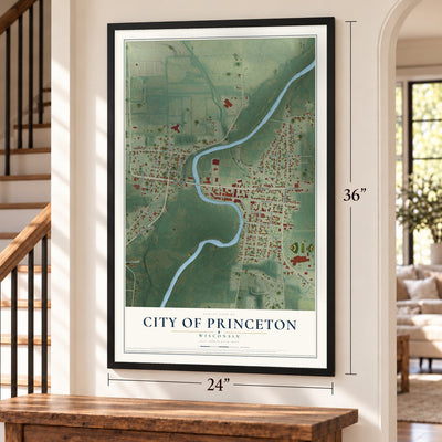 Princeton, Wisconsin map, 24 x 36 inch print in a black frame by a staircase