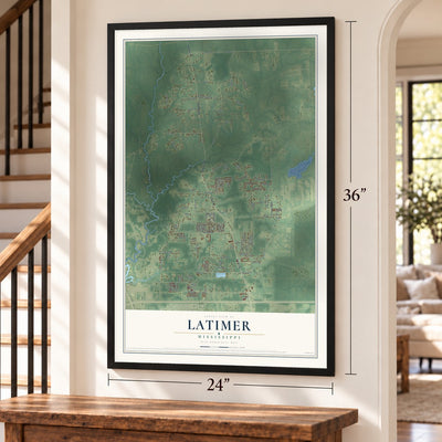 Latimer, Mississippi map, 24 x 36 inch print in a black frame by a staircase