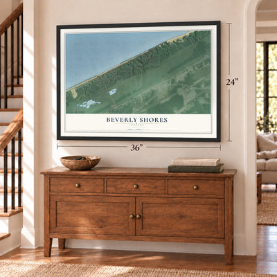 Beverly Shores, Indiana map, 24 x 36 inch print in a black frame above a dresser by a staircase