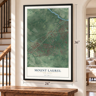 Mount Laurel, New Jersey map, 24 x 36 inch print in a black frame by a staircase
