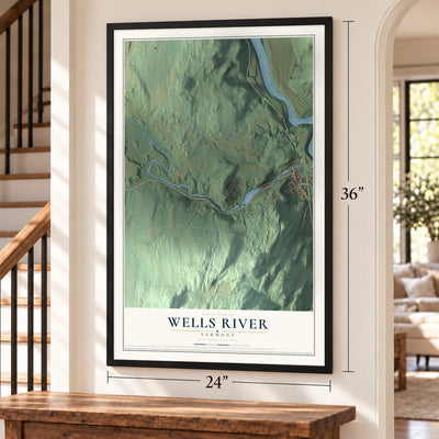 Wells River, Vermont map, 24 x 36 inch print in a black frame by a staircase