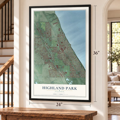 Highland Park, Illinois map, 24 x 36 inch print in a black frame by a staircase
