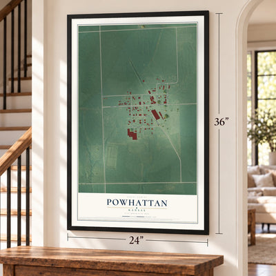 Powhattan, Kansas map, 24 x 36 inch print in a black frame by a staircase