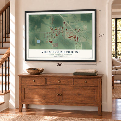 Birch Run, Michigan map, 24 x 36 inch print in a black frame above a dresser by a staircase