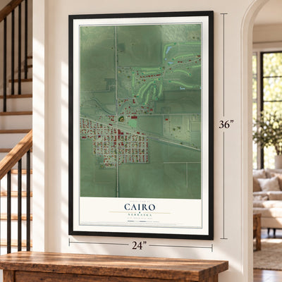 Cairo, Nebraska map, 24 x 36 inch print in a black frame by a staircase