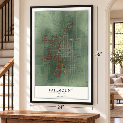 Fairmount, Indiana map, 24 x 36 inch print in a black frame by a staircase