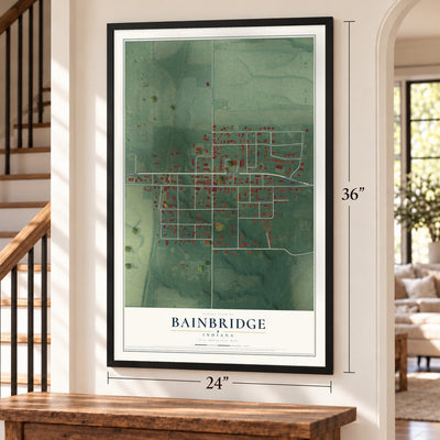 Bainbridge, Indiana map, 24 x 36 inch print in a black frame by a staircase