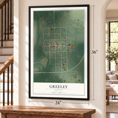 Greeley, Kansas map, 24 x 36 inch print in a black frame by a staircase