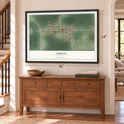 Amboy, Minnesota map, 24 x 36 inch print in a black frame above a dresser by a staircase