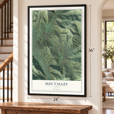 Sun Valley, Idaho map, 24 x 36 inch print in a black frame by a staircase