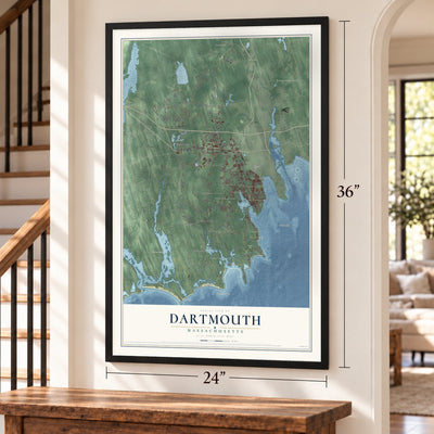 Dartmouth, Massachusetts map, 24 x 36 inch print in a black frame by a staircase